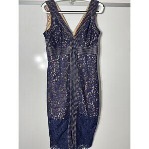 Bardot Morgan Front Slit Lace Cocktail Dress Navy Blue Women's Size 8